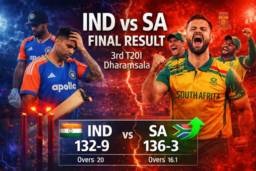 IND vs SA Result 2026 final score India 132-9 vs South Africa 136-3 match outcome
