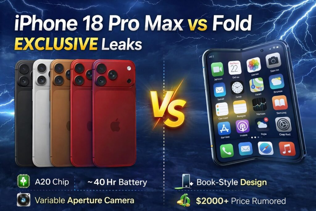 iPhone 18 Pro Max leaked specs showing A20 chip 40Hr battery and foldable iPhone comparison
