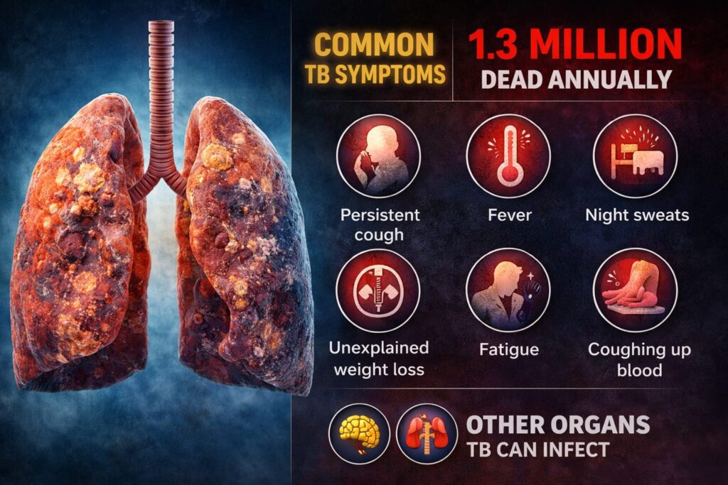 👉 World TB Day 2026 tuberculosis symptoms chart showing cough, fever, weight loss and infected lungs
