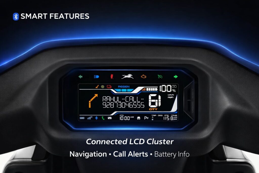 Connected LCD cluster on the TVS Orbiter V1 electric scooter showing navigation, call alerts, and battery information.