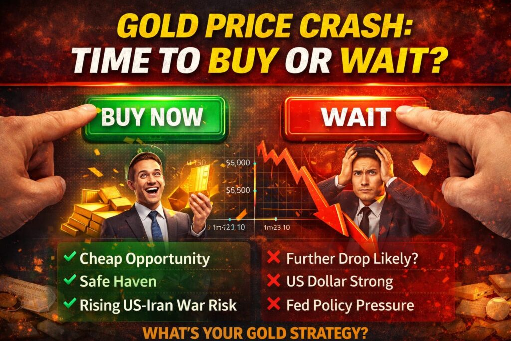 Gold Price Crash Today visual breakdown showing a sharp ₹3,600 fall in gold prices with red downward chart, highlighting key reasons like US Federal Reserve policy, strong dollar impact, and investor panic selling in global markets
