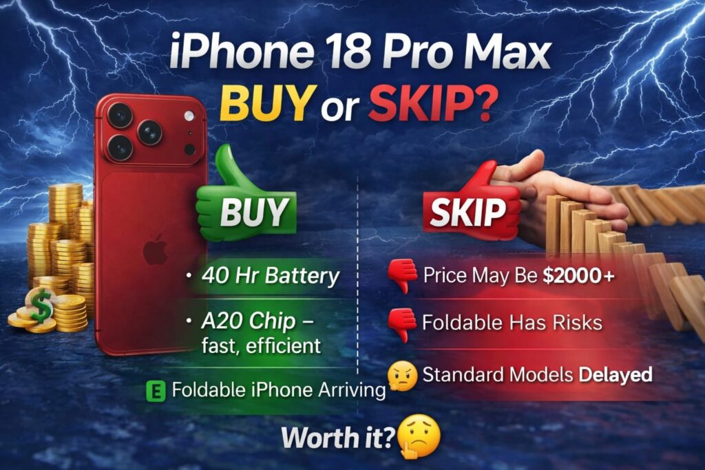 iPhone 18 Pro Max buy or skip decision showing 40Hr battery A20 chip and foldable iPhone risks
