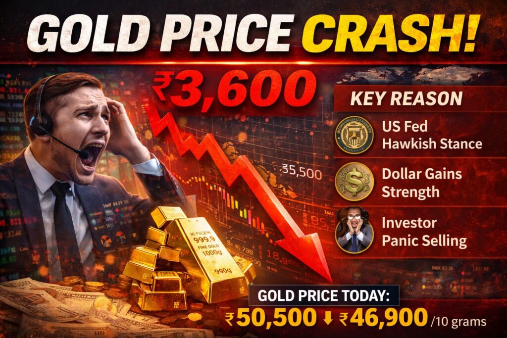 Gold Price Crash Today data chart showing ₹3600 fall with red downward trend and market shock analysis
