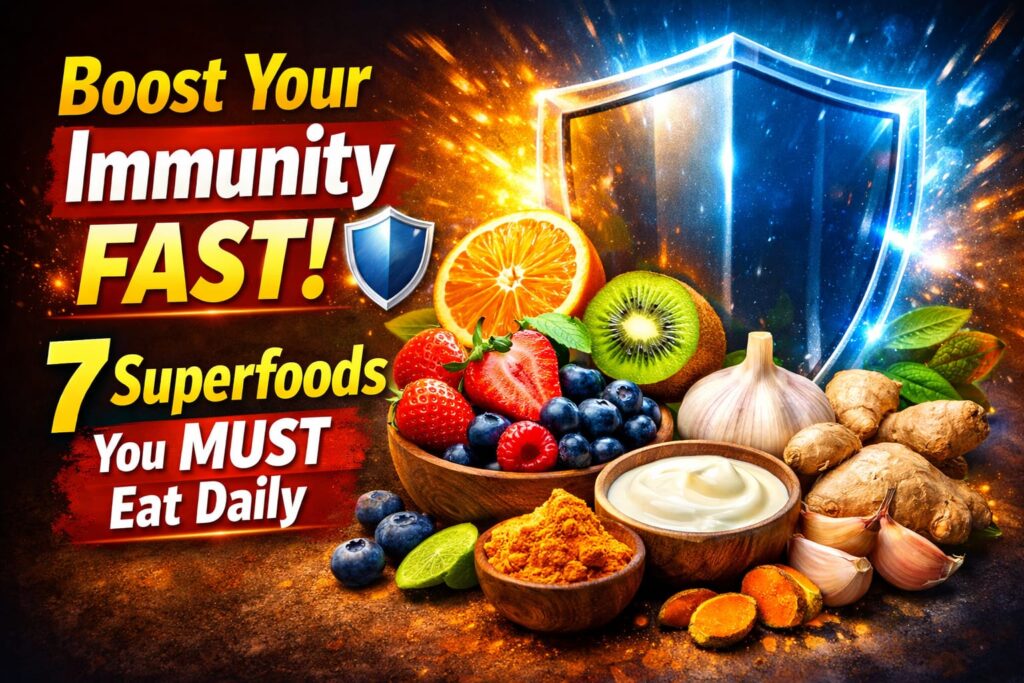 Foods that boost your immune system including fruits vegetables garlic turmeric and yogurt