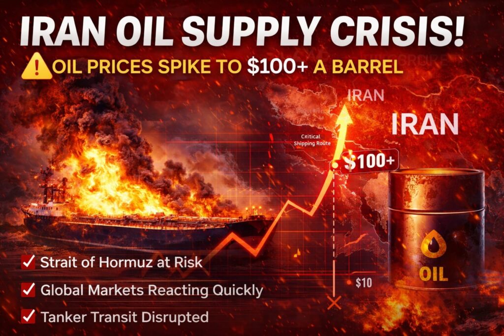 Iran Breaking News oil supply crisis showing Strait of Hormuz risk and rising oil prices
