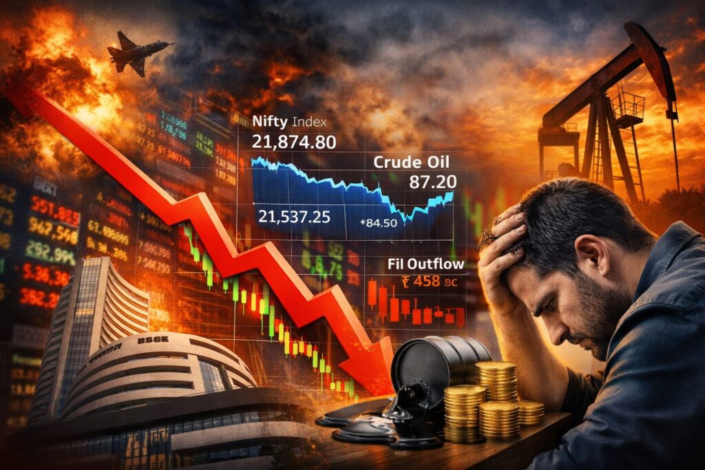 Stock Market Crash Today showing Nifty decline, crude oil surge and FII outflow data impact on Indian markets
