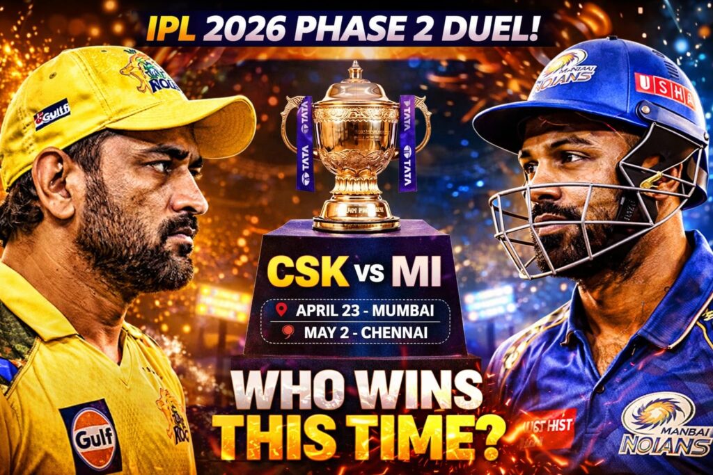 IPL 2026 Phase 2 Schedule SHOCK! CSK vs MI Clash Twice – Playoff Race Gets Intense IPL 2026 Phase 2 Schedule CSK vs MI match dates April 23 Mumbai May 2 Chennai