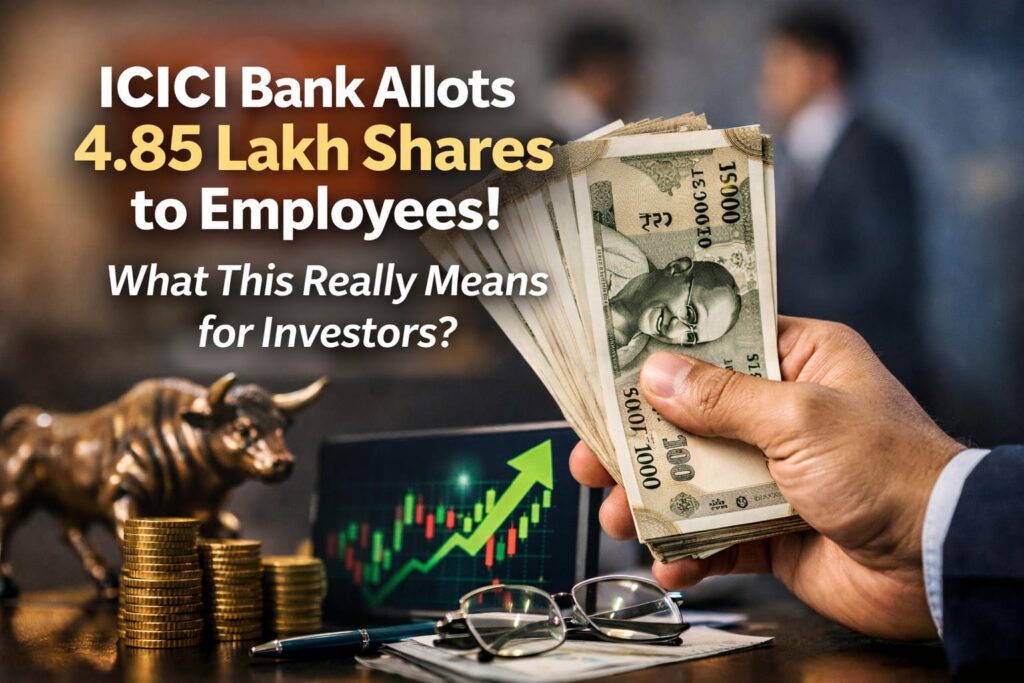 ICICI Bank ESOP Allotment 2026 image showing employee shares and stock market growth