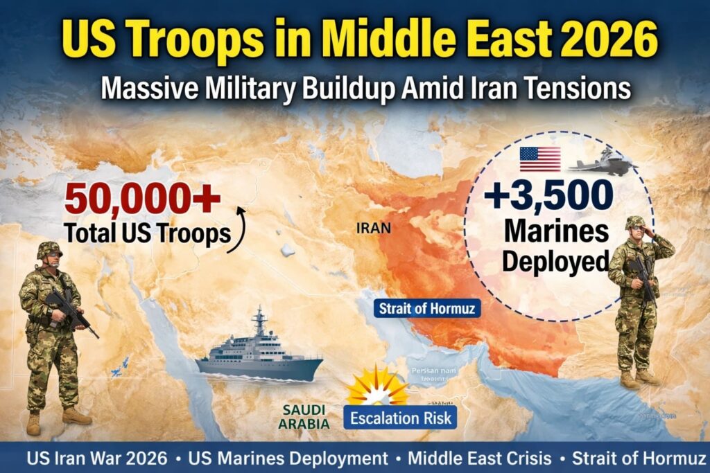  US troops in Middle East 2026 map showing 50,000 troops and 3,500 Marines deployment near Iran