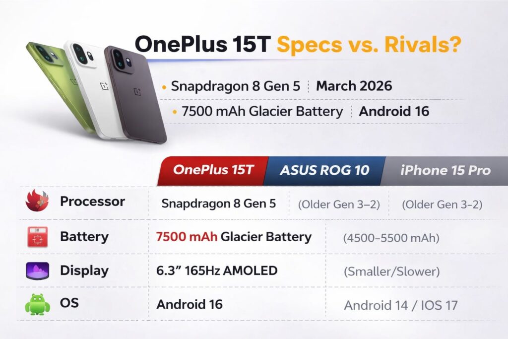 OnePlus 15T specs comparison Snapdragon 8 Gen 5 7500mAh battery

