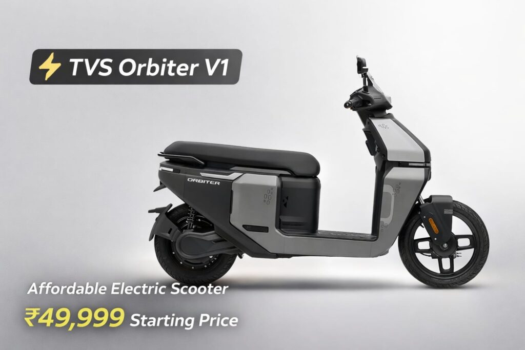 TVS Orbiter V1 electric scooter launched with ₹49,999 starting price using a battery subscription model.
