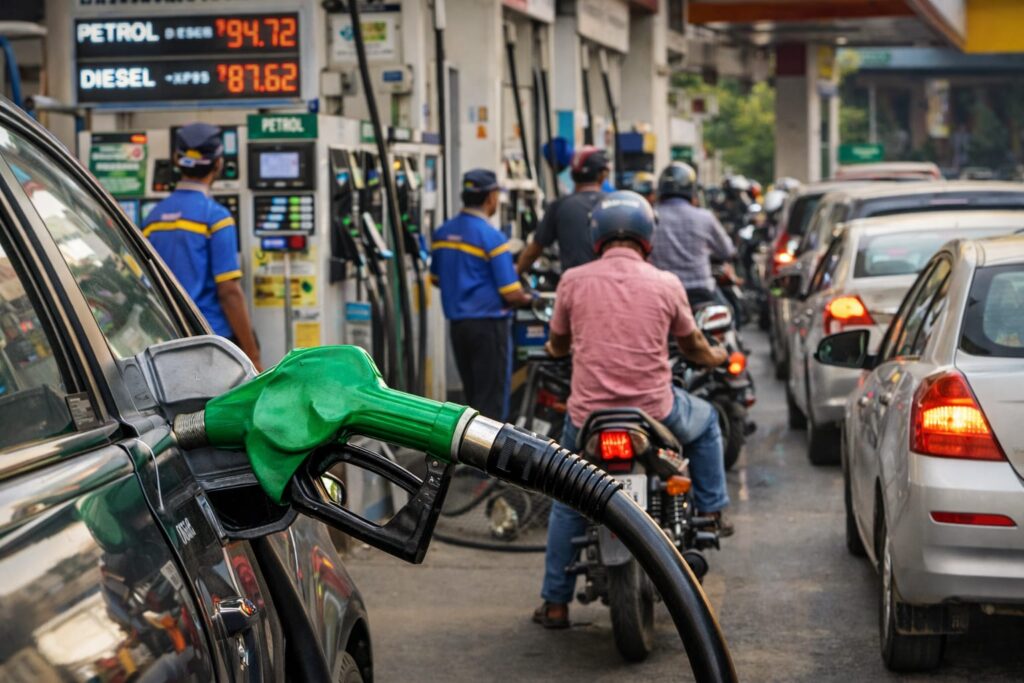 Petrol Diesel Price Today March 12: Big Fuel Price Alert as Crude Oil Nears $100 Petrol diesel price today March 12 vehicles refueling at petrol pump as fuel prices remain high in India
