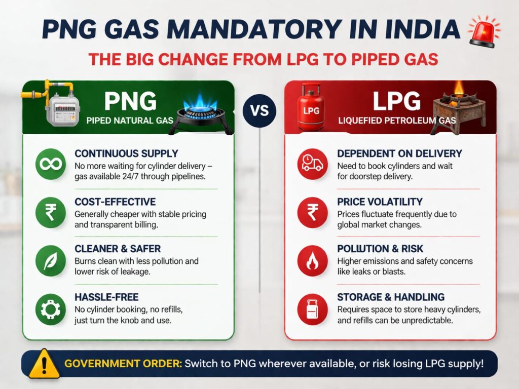 PNG Gas Mandatory India: SHOCKING LPG Ban Rule 2026 Explained PNG gas mandatory India comparison PNG vs LPG benefits cost safety supply difference
