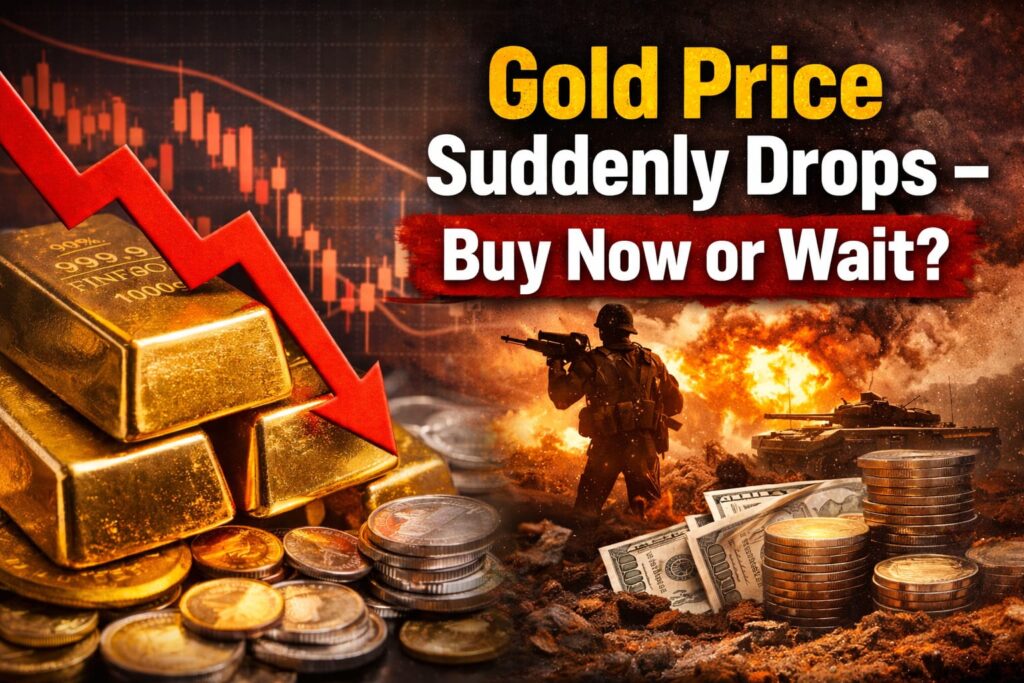 Gold Price Today drops in India as gold bars and coins with market chart