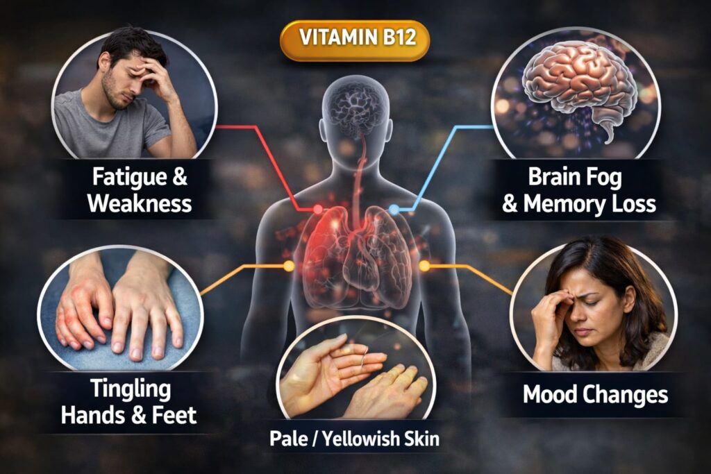vitamin B12 deficiency warning signs including fatigue brain fog numbness and pale skin
