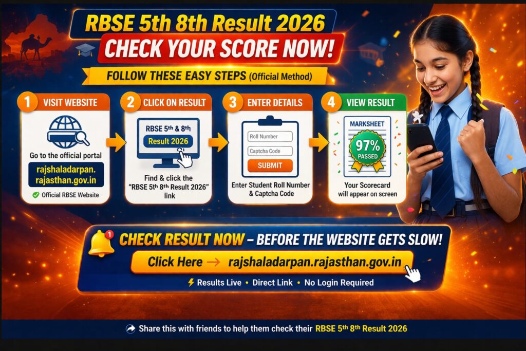 How to check RBSE 5th 8th Result 2026 online step by step on Rajasthan Board website