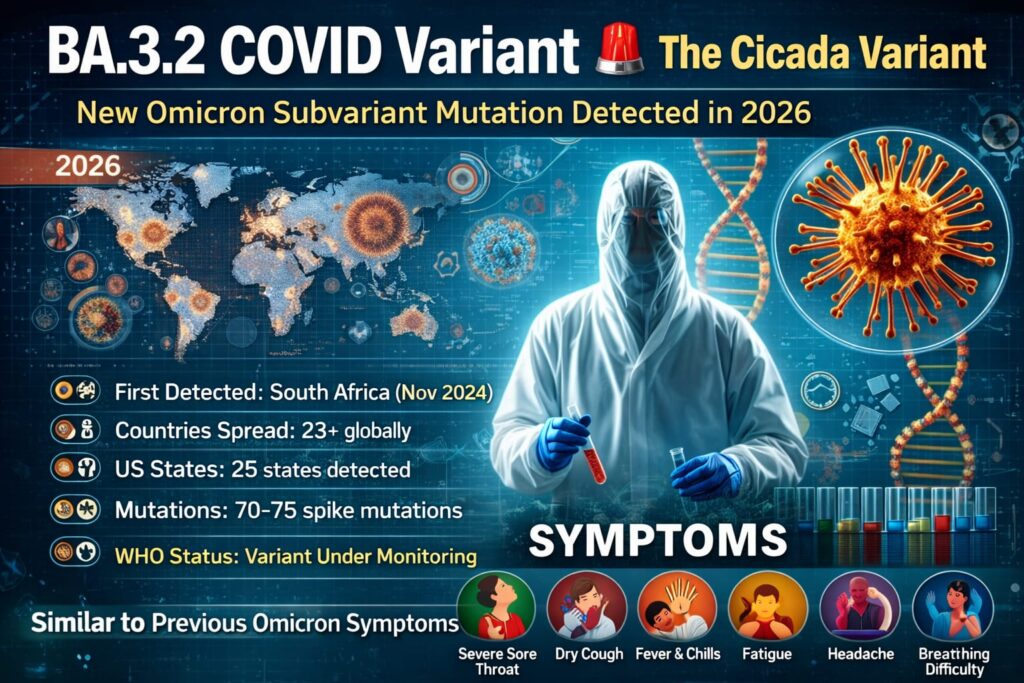 👉 BA.3.2 COVID variant 2026 symptoms infographic Cicada virus spread and mutation details
