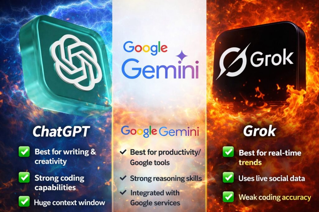 ChatGPT vs Google Gemini vs Grok comparison features 2026

