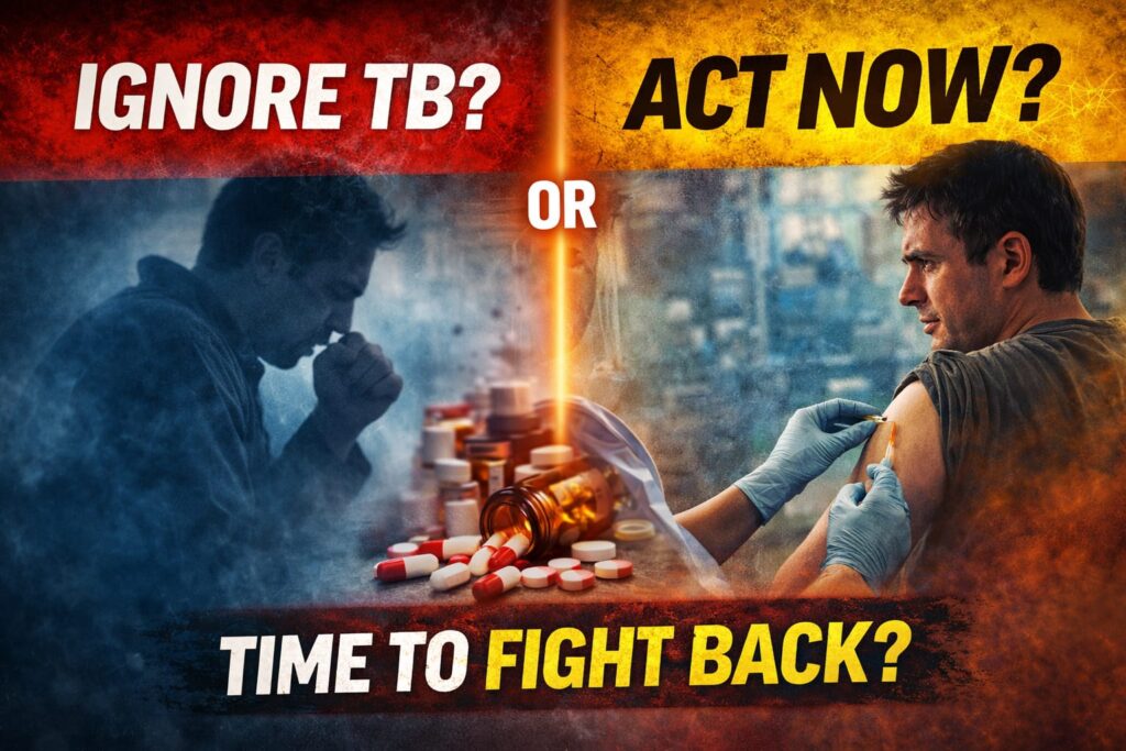 👉 World TB Day 2026 awareness image showing TB patient coughing vs treatment action decision concept
