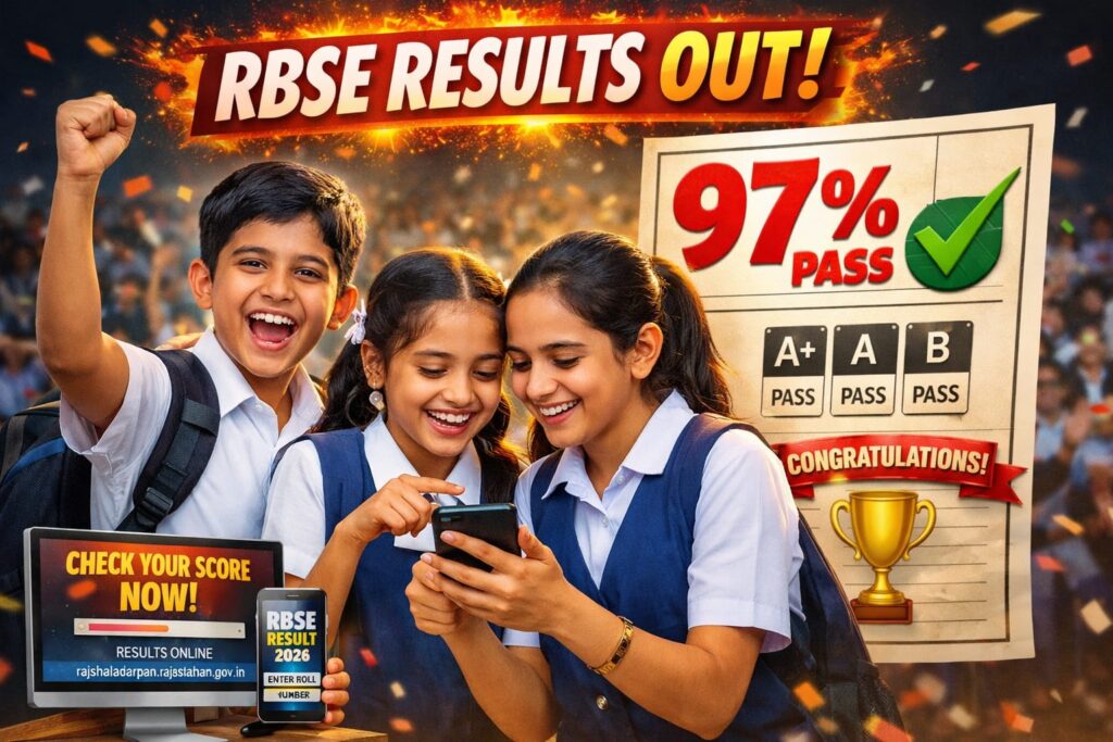 👉 RBSE 5th 8th Result 2026 OUT: Shocking 97% Pass Rate – Check Your Score Now RBSE 5th 8th Result 2026 students checking scores online with 97 percent pass rate