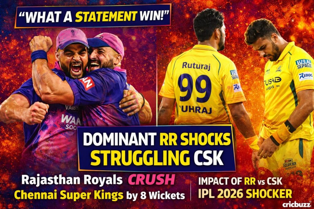 RR vs CSK IPL 2026 result showing Rajasthan Royals emotional victory over Chennai Super Kings after dominant 8 wicket win
