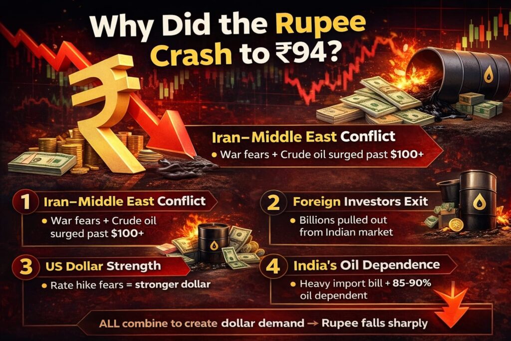 Rupee crash to 94 reasons oil prices war foreign investors dollar strength India
