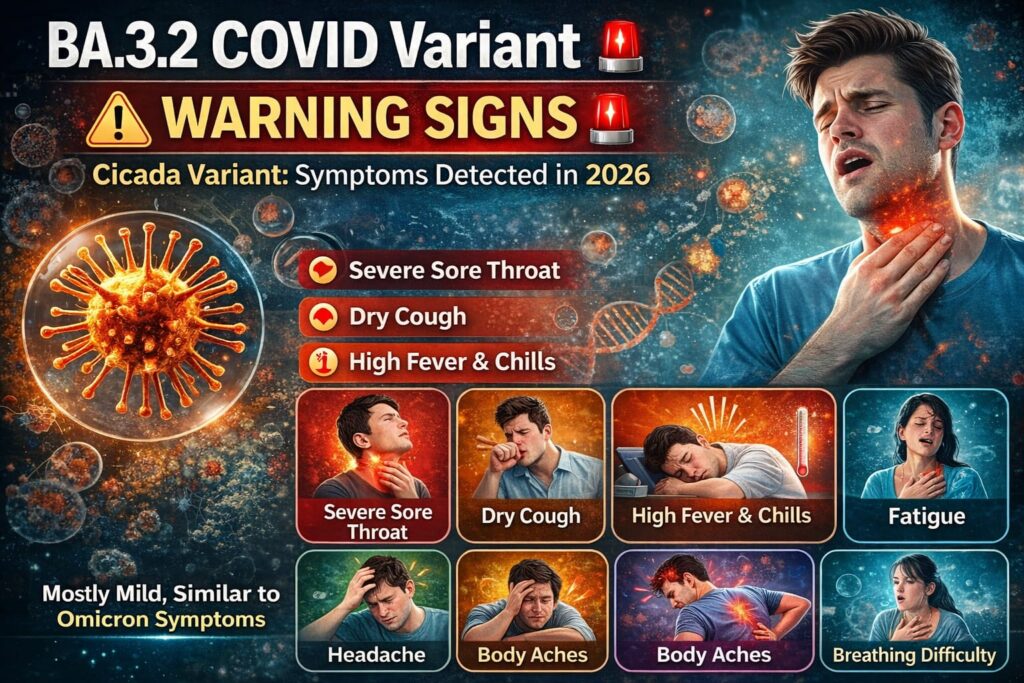 👉 BA.3.2 COVID variant 2026 warning signs symptoms Cicada virus infographic severe sore throat fever cough
