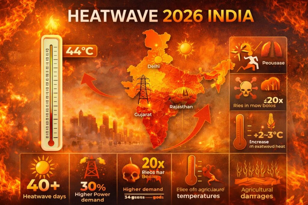 Heatwave 2026 India temperature rise heatwave days power demand and health risks infographic
