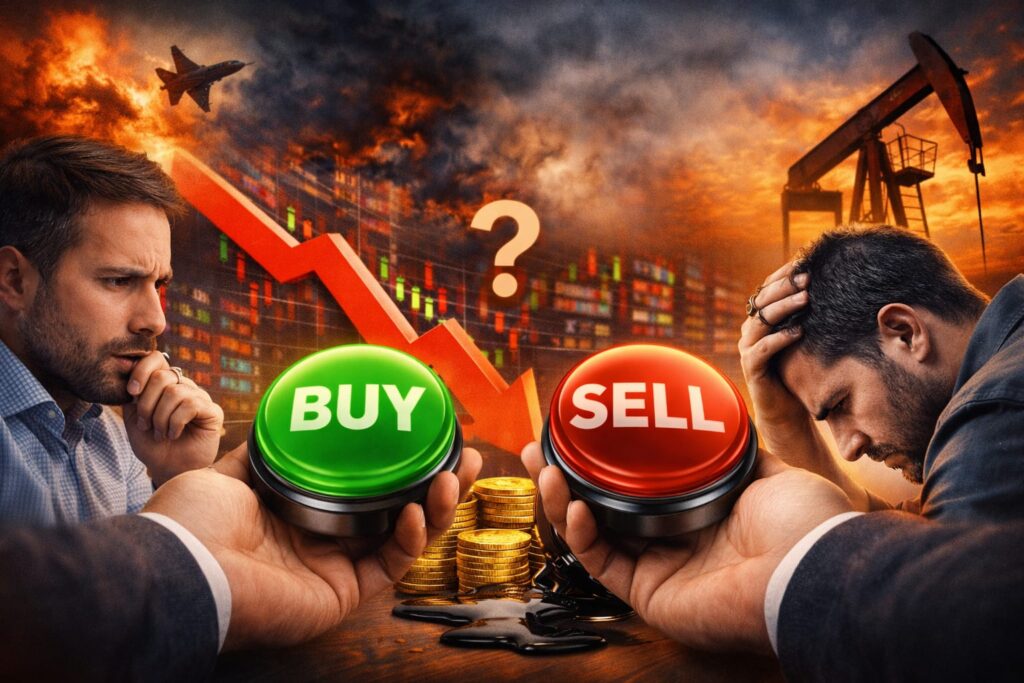 Stock Market Crash Today showing buy vs sell decision confusion among investors during market fall
