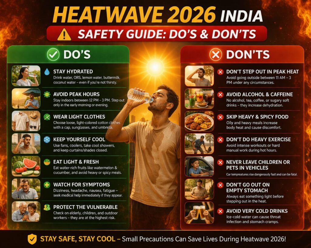 Heatwave 2026 India safety tips do and dont heatwave precautions infographic
