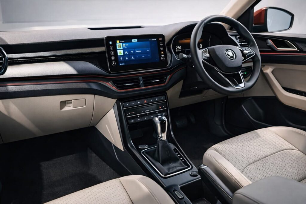 Skoda Kushaq facelift interior automatic gear shift touchscreen 2026
