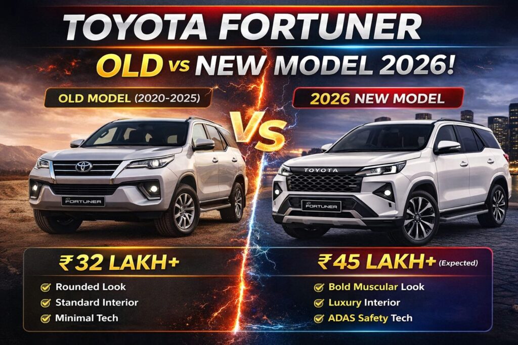 Toyota Fortuner 2026 vs old Fortuner comparison showing design changes price difference and ADAS features
