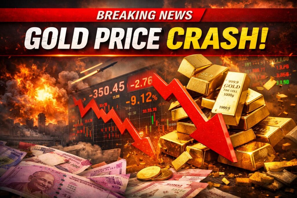 Gold Price Crash Today breaking news gold bars falling with red market crash graph