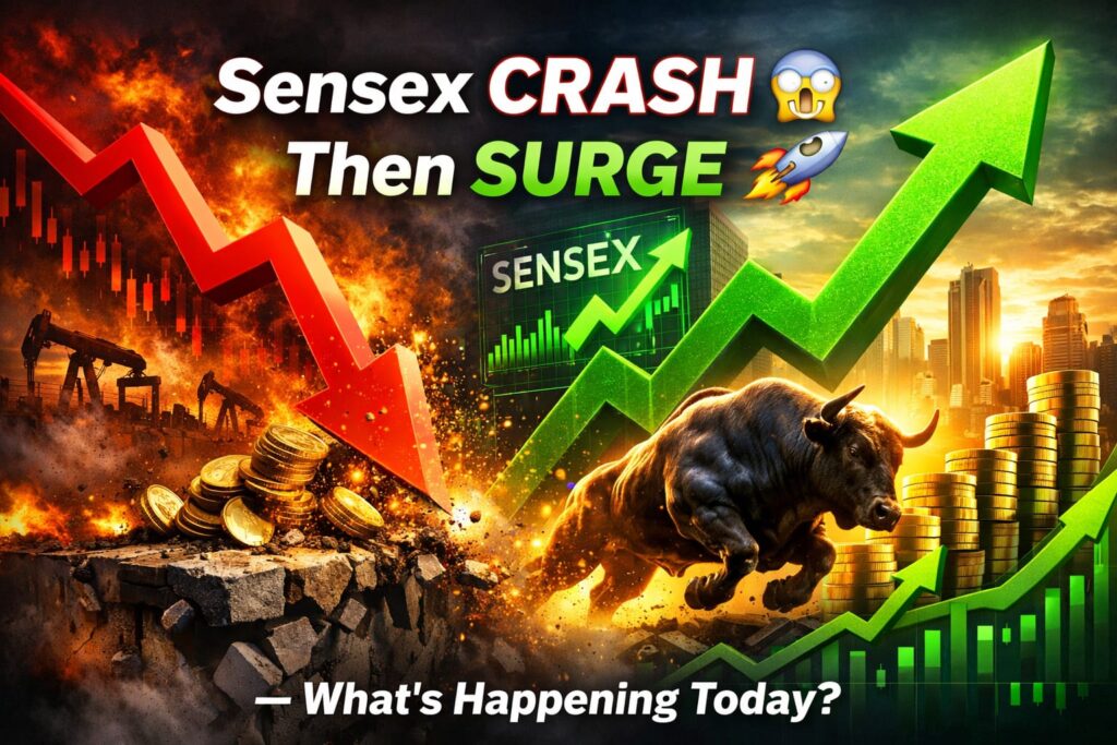 Stock Market Today Sensex Falls then surges showing market volatility with crash and recovery arrows