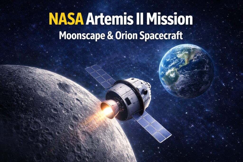 NASA Artemis II Mission Orion spacecraft near Moon lunar flyby space journey Earth view