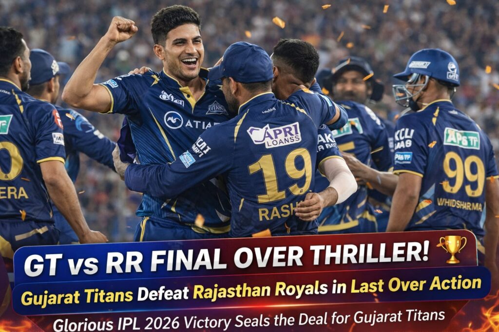 GT vs RR IPL 2026 Gujarat Titans players celebrating last over victory against Rajasthan Royals
