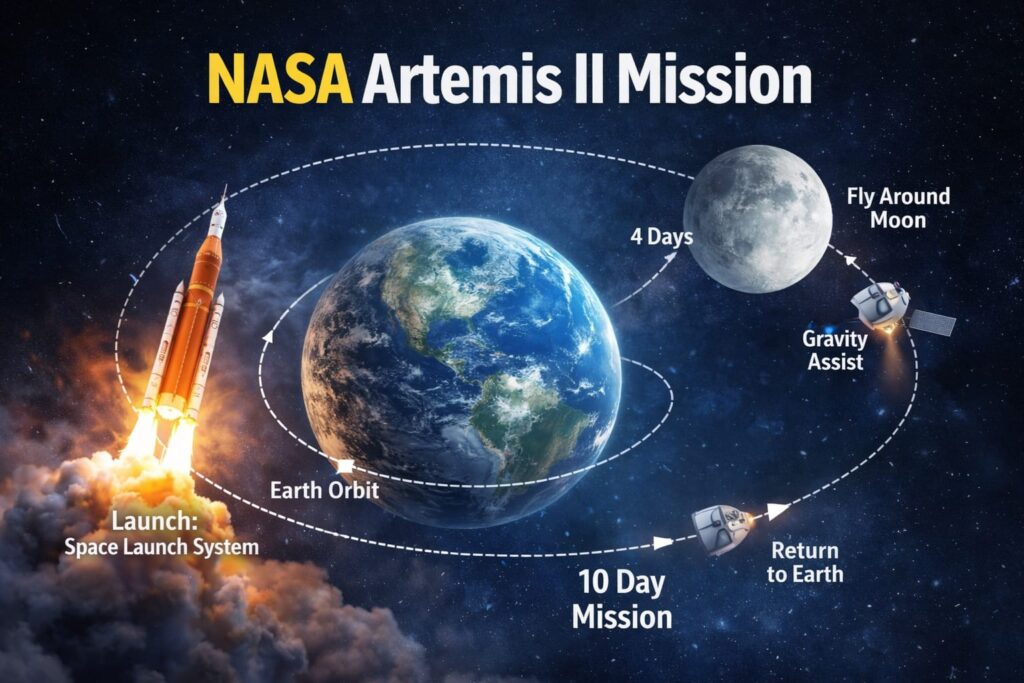 NASA Artemis II Mission infographic showing Earth to Moon flight path Orion spacecraft lunar flyby mission