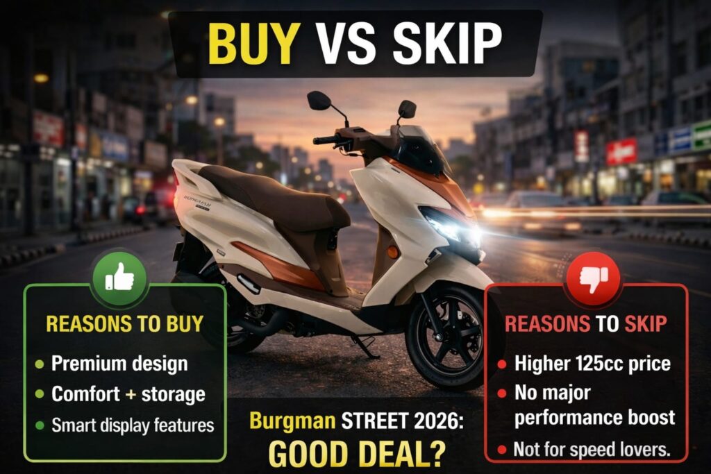 Suzuki Burgman Street 2026 buy vs skip comparison with price features and performance analysis