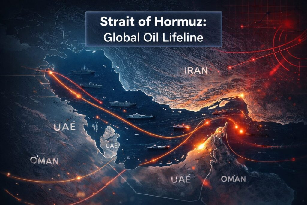 Strait of Hormuz map showing global oil routes during Iran War SHOCK and rising Middle East tensions