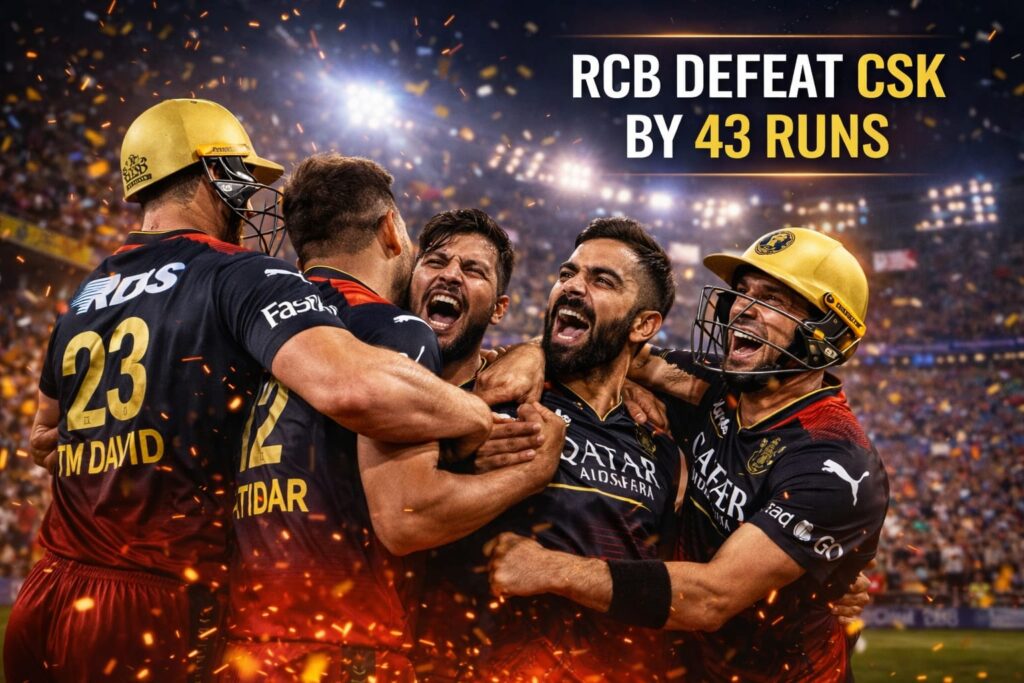 RCB vs CSK IPL 2026 celebration RCB win by 43 runs Tim David match highlight