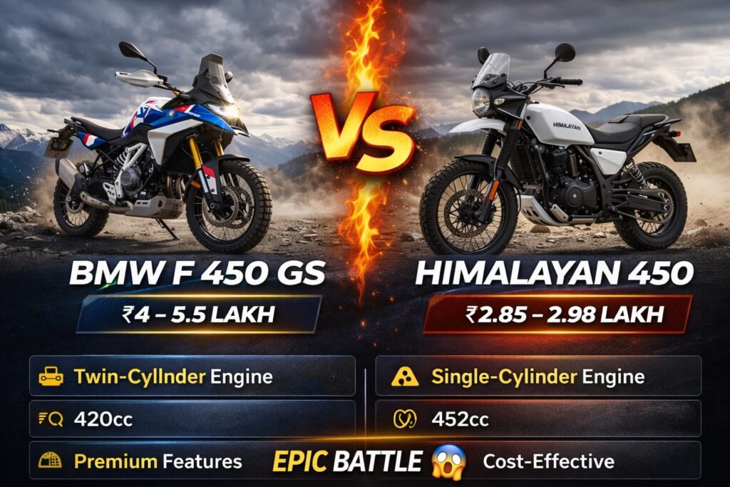 BMW F 450 GS vs Himalayan 450 comparison image price engine specs India adventure bikes