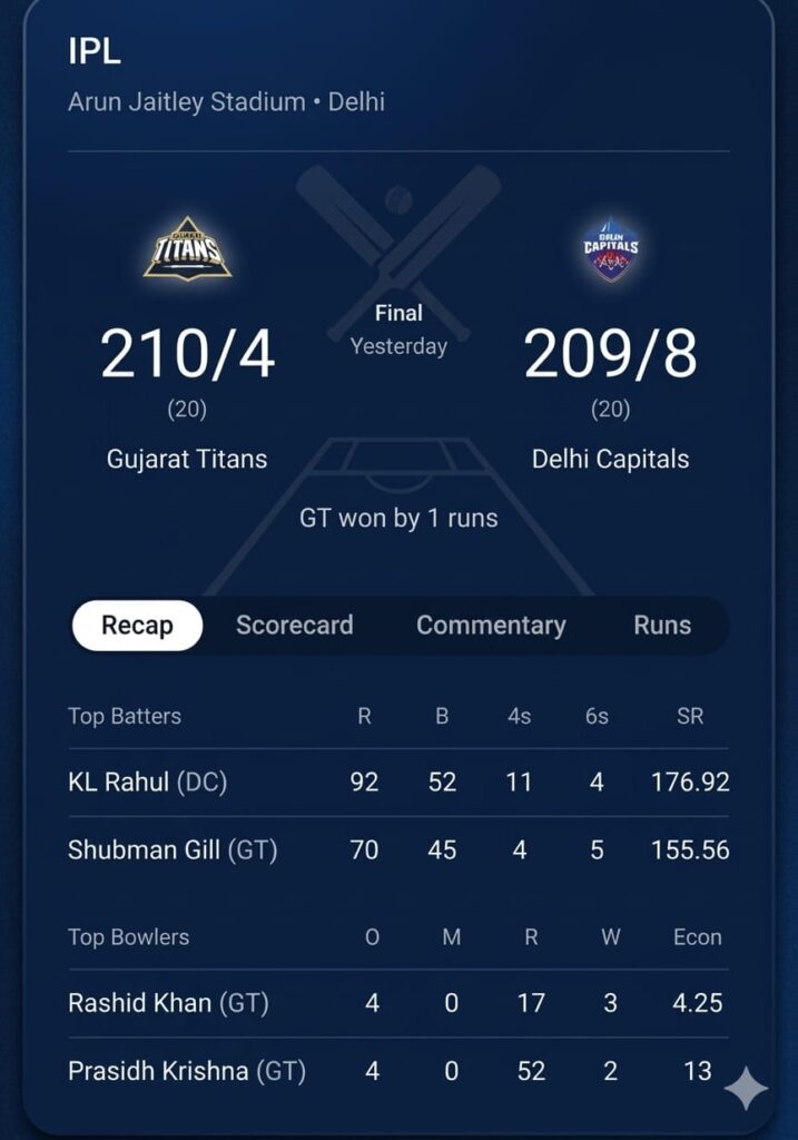 DC vs GT IPL 2026 scorecard 