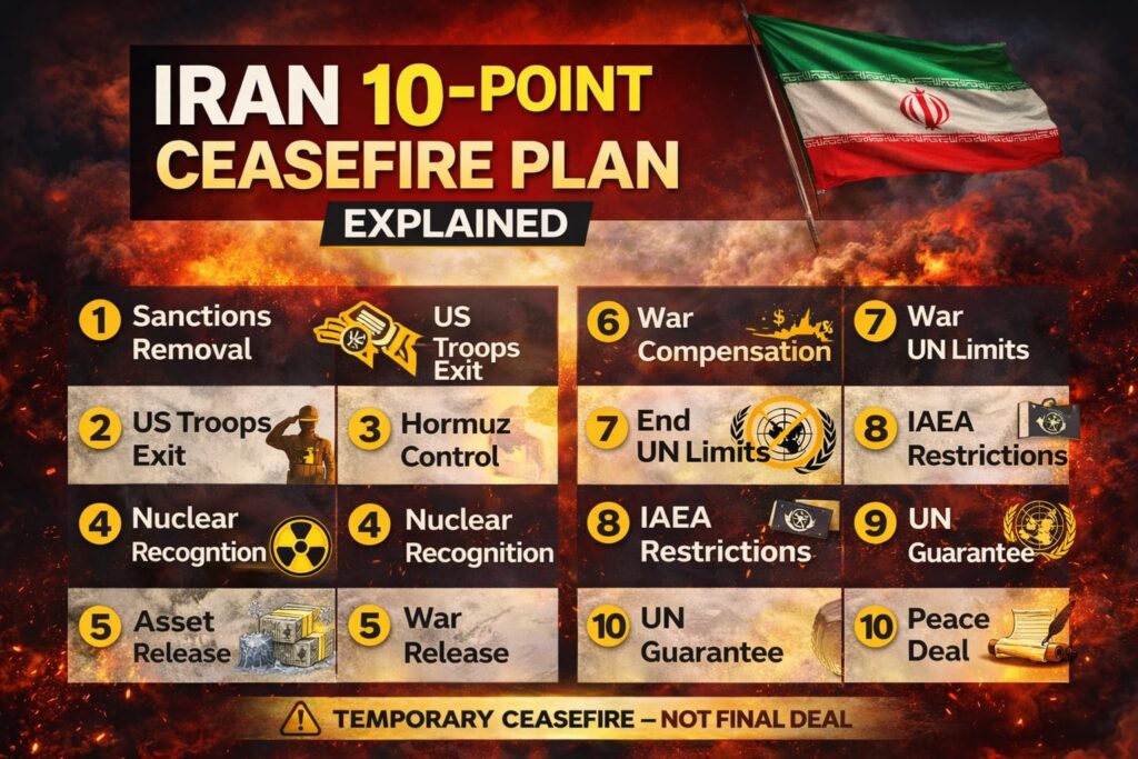 Iran 10 point ceasefire plan infographic US Iran war pause explained