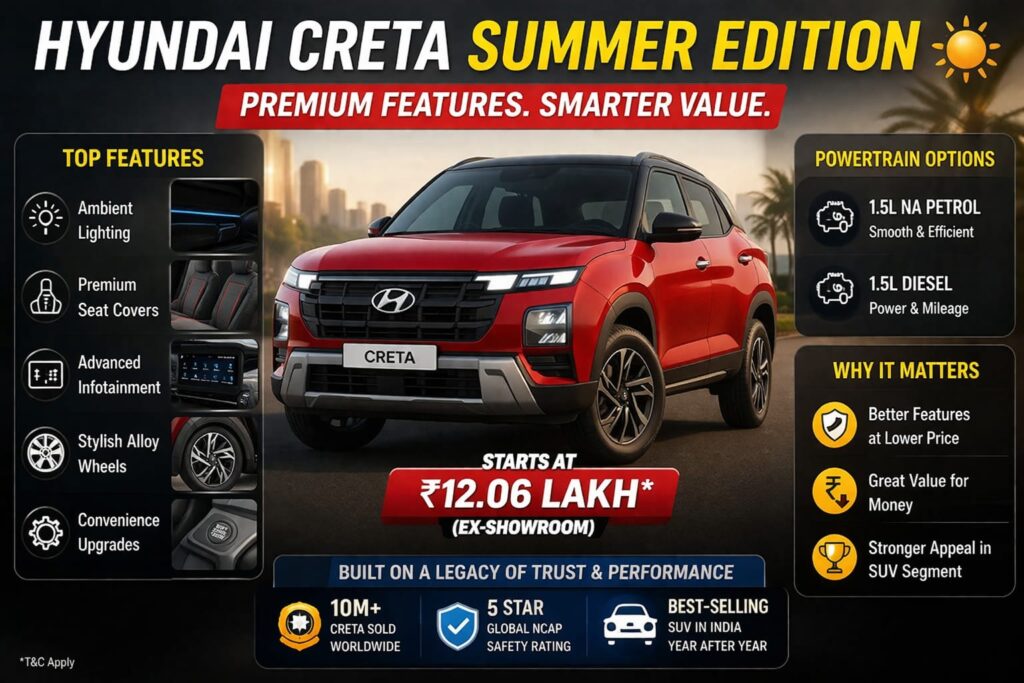 Hyundai Creta Summer Edition Launched at ₹12.06 Lakh – What I Found Shocking About This Upgrade Hyundai Creta Summer Edition features and price infographic
