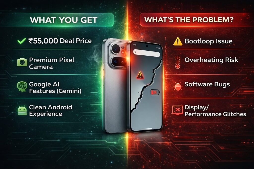 Google Pixel 10 deal vs issues infographic ₹55000 price overheating bootloop problems comparison