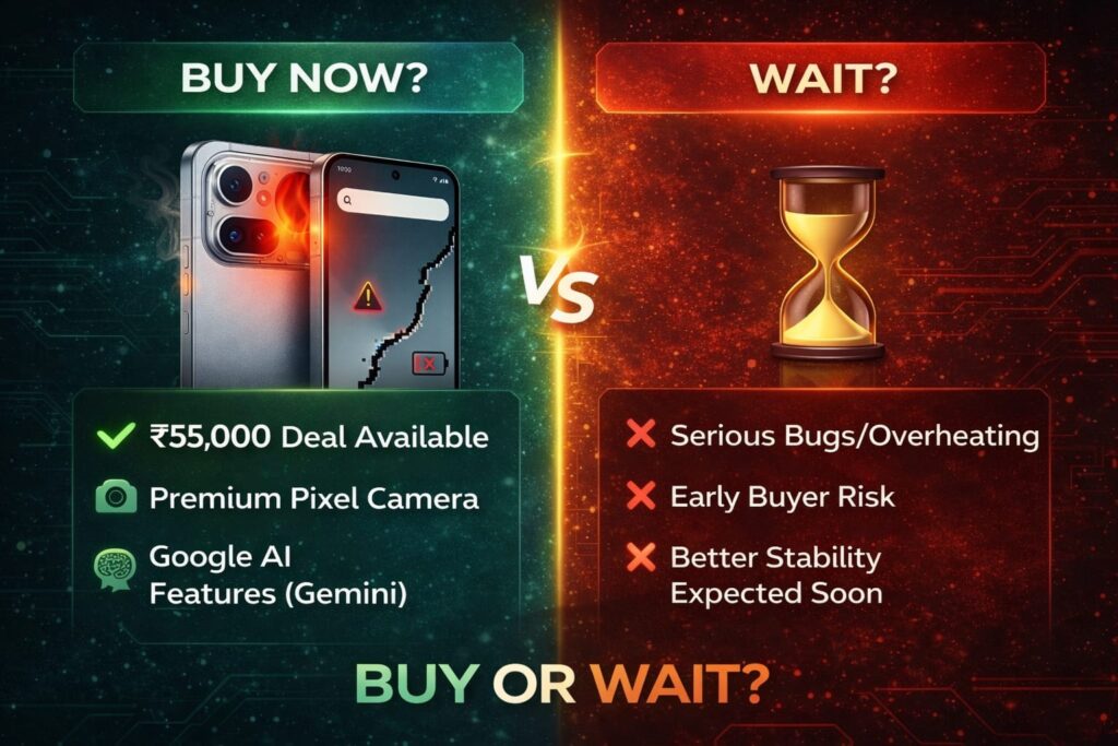 Google Pixel 10 buy now or wait decision infographic showing ₹55000 deal vs stability issues