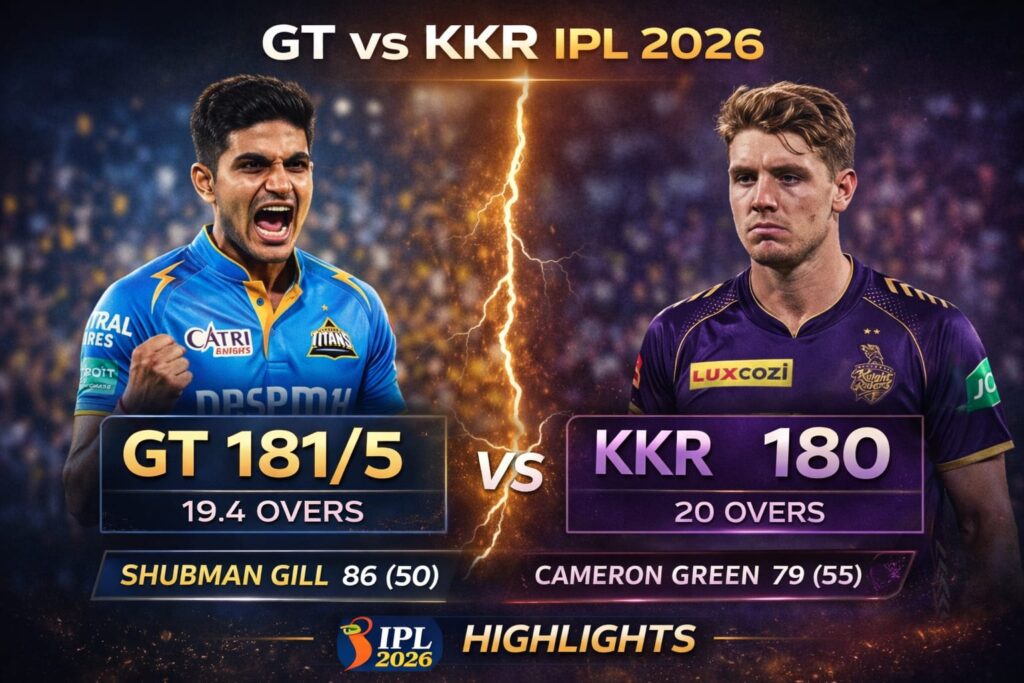 GT vs KKR IPL 2026 final score Gujarat Titans 181 vs KKR 180 Shubman Gill 86 Cameron Green 79 highlights